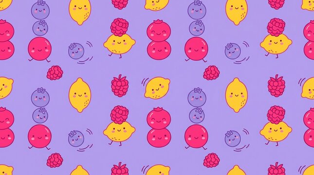 Cute Kawaii Fruit Characters Seamless Pattern on Purple Background