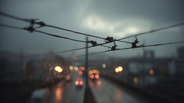 Overhead electric tram catenary wires silhouetted against a moody rainy evening sky above a blurred urban avenue with glowing red and amber traffic lights below