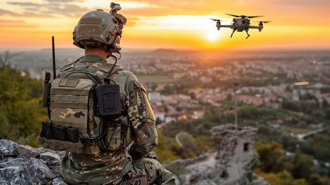 Tactical operator in camouflage skillfully controls drone surveillance system during sunset