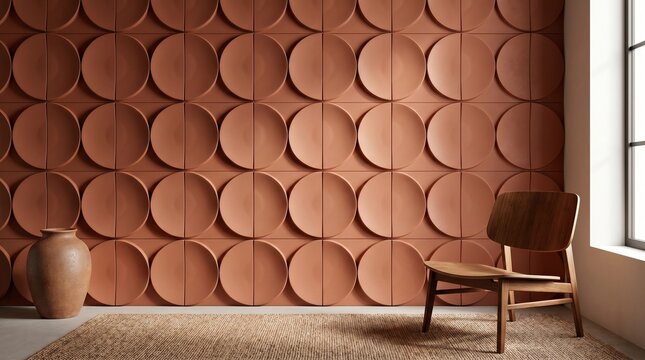 Modern interior design with terracotta circle wall tiles and minimalist wooden chair