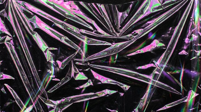 Abstract holographic plastic wrap texture with iridescent rainbow light reflections on black background