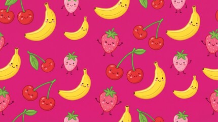 Fototapeta premium Cute Kawaii Fruit Pattern with Bananas Strawberries and Cherries on Pink Background
