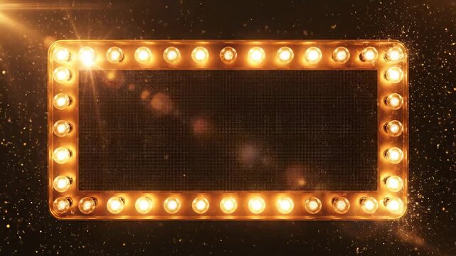 Cinematic Marquee Frame with Glowing Golden Light Bulbs and Floating Particles on a Black Background Ideal for Theater Announcements and Award Shows.