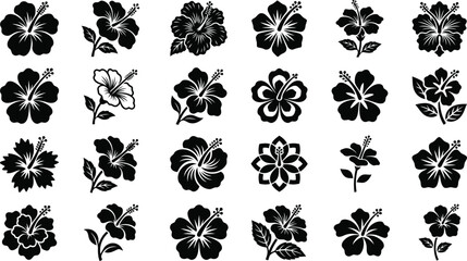 Hibiscus Flower Silhouette Icon Set, Minimalist Black Tropical Floral Stencils Isolated on White Background © MS Studio1
