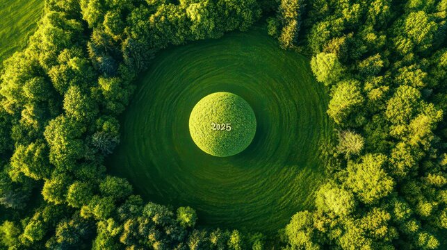Aerial view of a green field with a circular patch of grass in the center that says 2025, surrounded by trees.