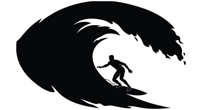 Surfer Silhouette Within A Breaking Wave Black And White