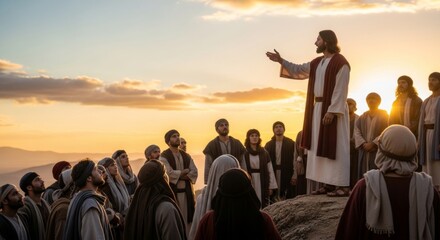 Obraz premium Jesus Preaching to Captivated Crowd on Hillside at Golden Hour Sunset