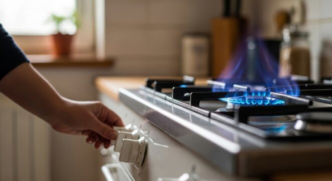 Hand turning knob to ignite blue flame on gas stove, cozy kitchen setting with natural light, evoking warmth and anticipation.