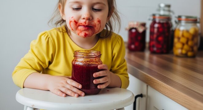 Messy Toddler Eating Jam from Jar on Kitchen Stool, Smears on Face, Joyful Childhood Moment