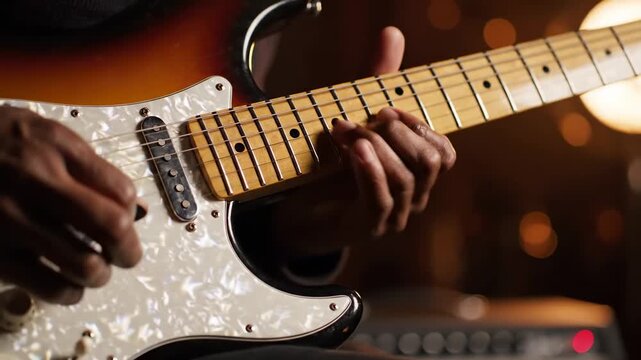 Soulful Blues Performance: Close-up of hands playing a sunburst electric guitar with a pearloid pickguard in a warm studio setting, ideal for music documentaries and concert promos.