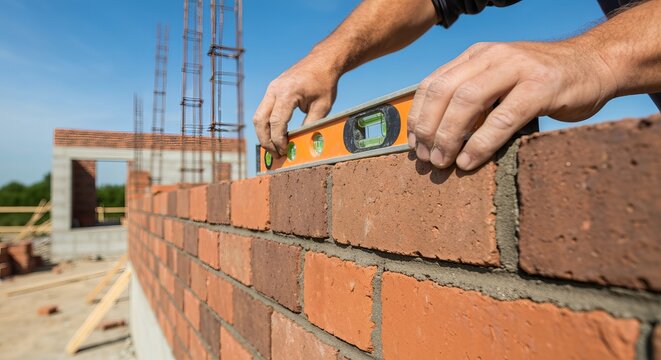 A construction worker aligning red terracotta brick wall using bubble level tool at a site outdoor.