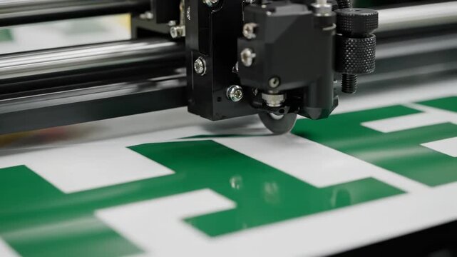 Precision Cutting Technology: Close-up of an automated CNC plotter cutting a green and yellow vinyl graphic, ideal for signage production and industrial design projects.