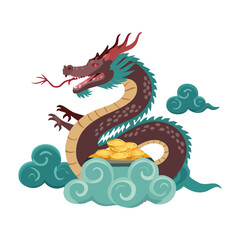 Fototapeta premium Traditional Chinese dragon serpent flying high among mystical clouds with a golden bowl of wealth for oriental festival design
