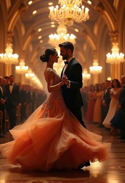 Elegant Dance Couple Foxtrot in Grand Ballroom with Vibrant D&eacute;cor and Flowing Gowns