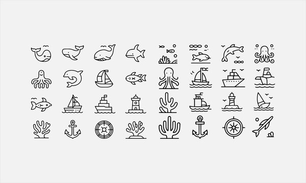 Marine Life, Nautical Elements line icon set. Vector pictograms of sea creatures, sailing. vector illustration