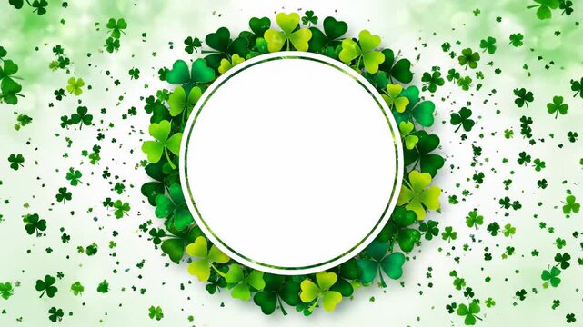 Festive St. Patrick's Day Frame with Circular White Copy Space and Vibrant Green Shamrocks on Soft Bokeh Background, Ideal for Holiday Greetings and Social Media Ads.