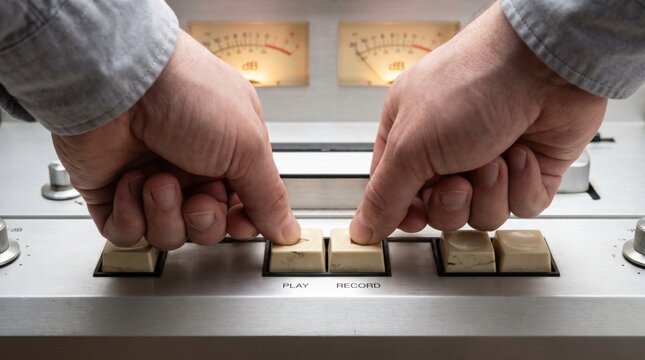 Person's fingers simultaneously pressing down the play and record buttons on a vintage silver reel-to-reel audio tape deck