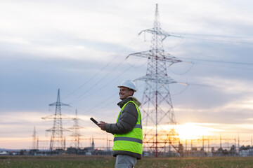 Obraz premium An electrical engineer and utility worker checks data on a tablet near high voltage power lines in the evening.