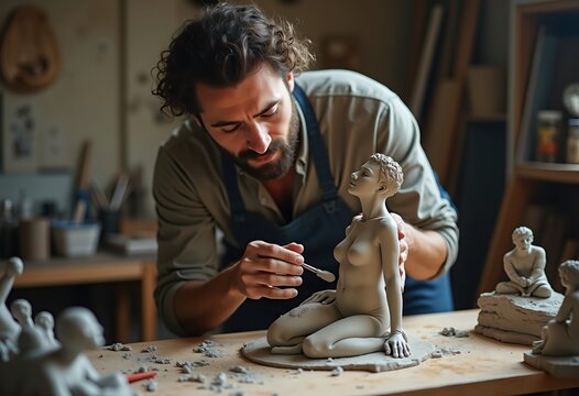 Sculptor Crafting Expressive Clay Figure in Dimensions for Artistic Display