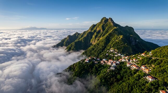 Sovereign of the Clouds: Majestic Volcanic Peak of Mount Scenery on Saba Island Towering Above an Endless Sea of Mist with Picturesque Red-Roofed Villages