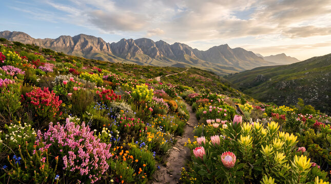 Fynbos Symphony: Vibrant Endemic Wildflowers and Majestic King Proteas in Full Bloom Across the Cape Floral Region Protected Areas Under a Golden Sunset Sky