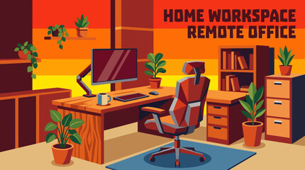 Fototapeta premium Home office workspace interior with desk computer ergonomic furniture and productive remote working environment