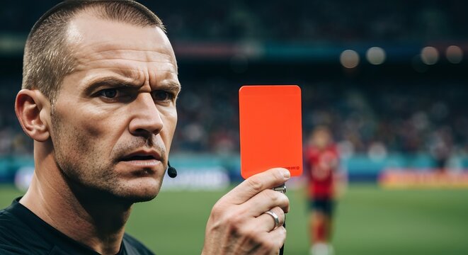 Serious Professional Soccer Referee Holding a Red Warning Card during an Important Football Match