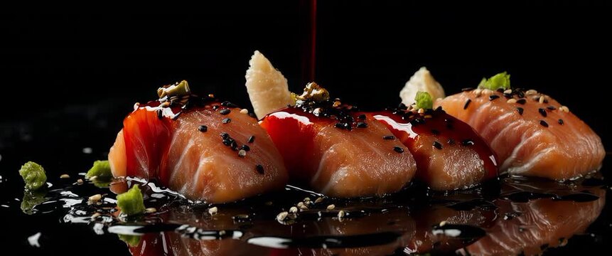 Fresh Salmon Sashimi with Floating Sesame and Dripping Soy Sauce