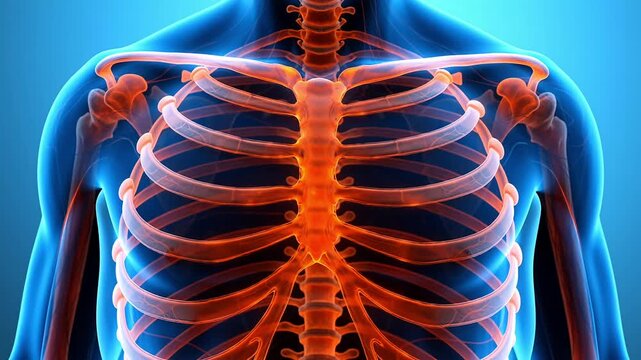 Anatomical 3D illustration of human chest showing skeletal rib cage and clavicle