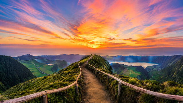 Cinematic mountain sunset landscape, narrow hiking trail on green volcanic ridge, dramatic orange sky over valley lakes and peaks isolated on White Background ai