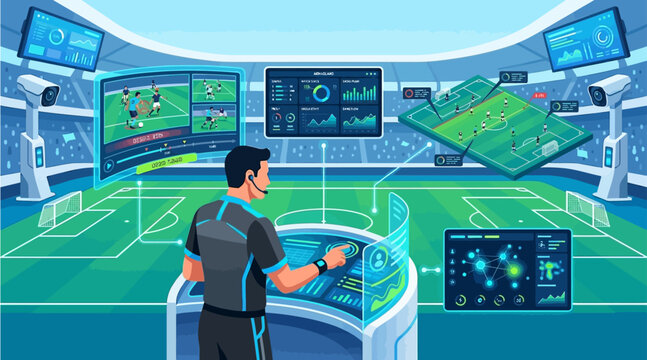 Sports analyst monitoring soccer match performance using advanced digital hud interface screens in a futuristic stadium control room with real time data visualization analytics for professional game
