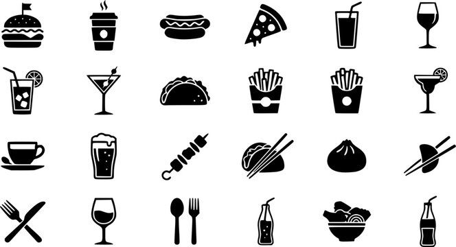 Food and Drinks Silhouette Icons Vector Set, Cafe Restaurant Menu Minimalist Sign Elements