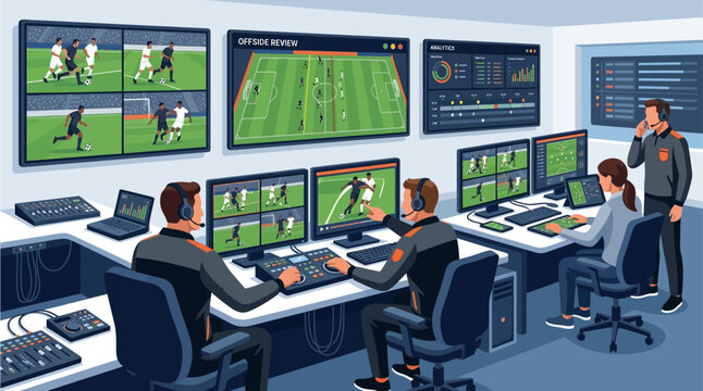 Professional sports broadcast control room with technicians monitoring live soccer match feeds on multiple screens and data analytics dashboards for real time media production and digital content