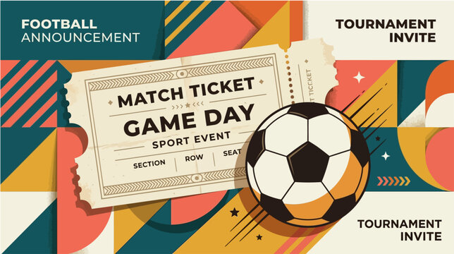Football tournament announcement poster featuring a vintage match ticket and soccer ball on a modern geometric background with bold colors and abstract shapes for sport event marketing and invitation