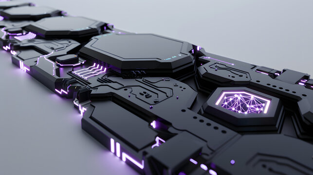Matte black monolith fracturing to reveal glowing purple geometric cores