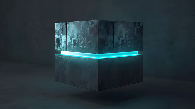 Floating anodized aluminum block anchoring a cyan fluid data stream