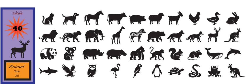 Set of 40 Animal Vector silhouette icon set