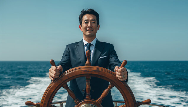 海を進む船上で日本人男性が舵輪を握り経営を導く写真