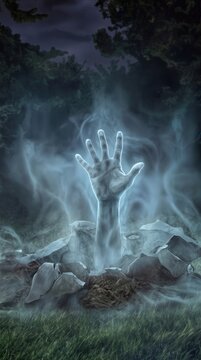 Ghostly hand emerging from ground in dark forest. Supernatural entity rising from grave at night.