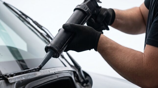 Auto glass technician applying black urethane sealant to a car frame for windshield installation
