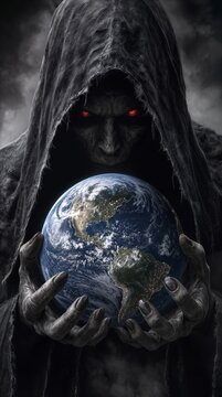 Monstrous being with glowing red eyes holding planet Earth. Dark conceptual representation of global threat or destruction in a smoky environment.