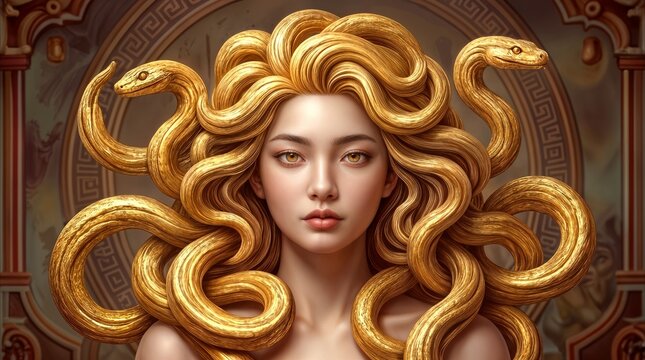 Medusa character with golden snakes for hair. Mythological woman with serpents in ancient temple setting.