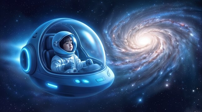 Toddler astronaut piloting small spaceship near glowing spiral galaxy. Child explorer in futuristic space suit traveling through deep cosmos.