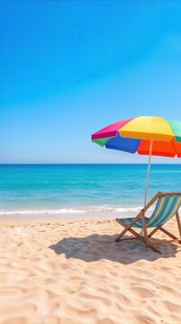 Colorful beach umbrella and striped deck chair on empty shore. Summer vacation concept on tropical coastline with turquoise water and clear sky.