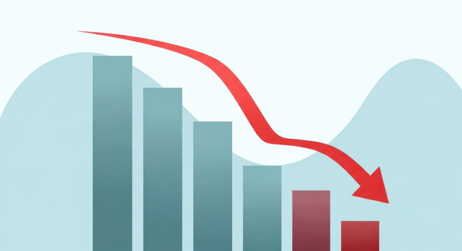 Stock Market Chart Bearish Trend Showing Falling Stock Prices and Economic Recession Represented by a Decreasing Bar Graph and Red Arrow