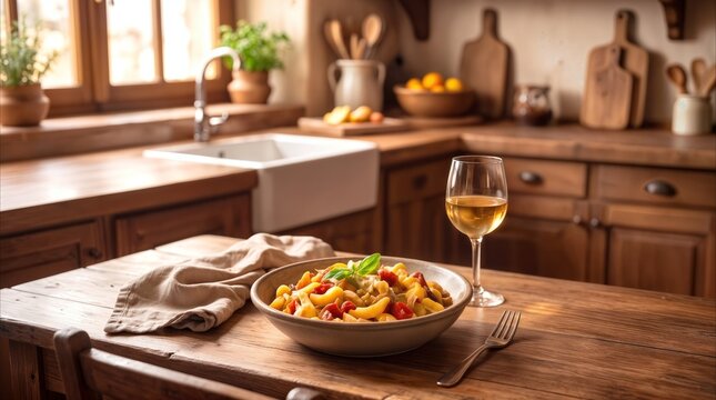 Mediterranean meal served on rustic wooden table in cozy kitchen. Bowl of pasta with cherry tomatoes and basil paired with glass of white wine.