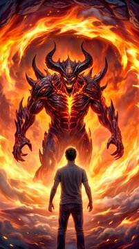 Mortal confronting giant horned demon within swirling inferno. Brave stance against monstrous entity in hellish landscape.