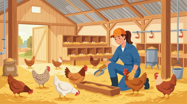 2D Flat Vector Ilustration Farmer feeding chickens in a coop with eggs in nesting boxes