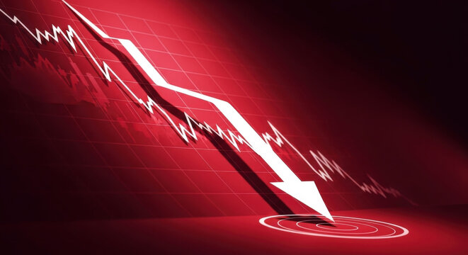Stock Market Chart Falling Down with Arrow Hitting Target on Red Background Financial Decline Investment Crisis Economy Recession Market Crash Loss