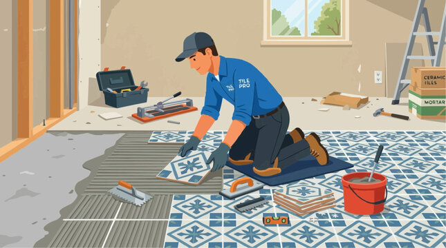 2D Flat Vector Ilustration Tiler installing decorative floor tiles with tools and materials in a room under renovation